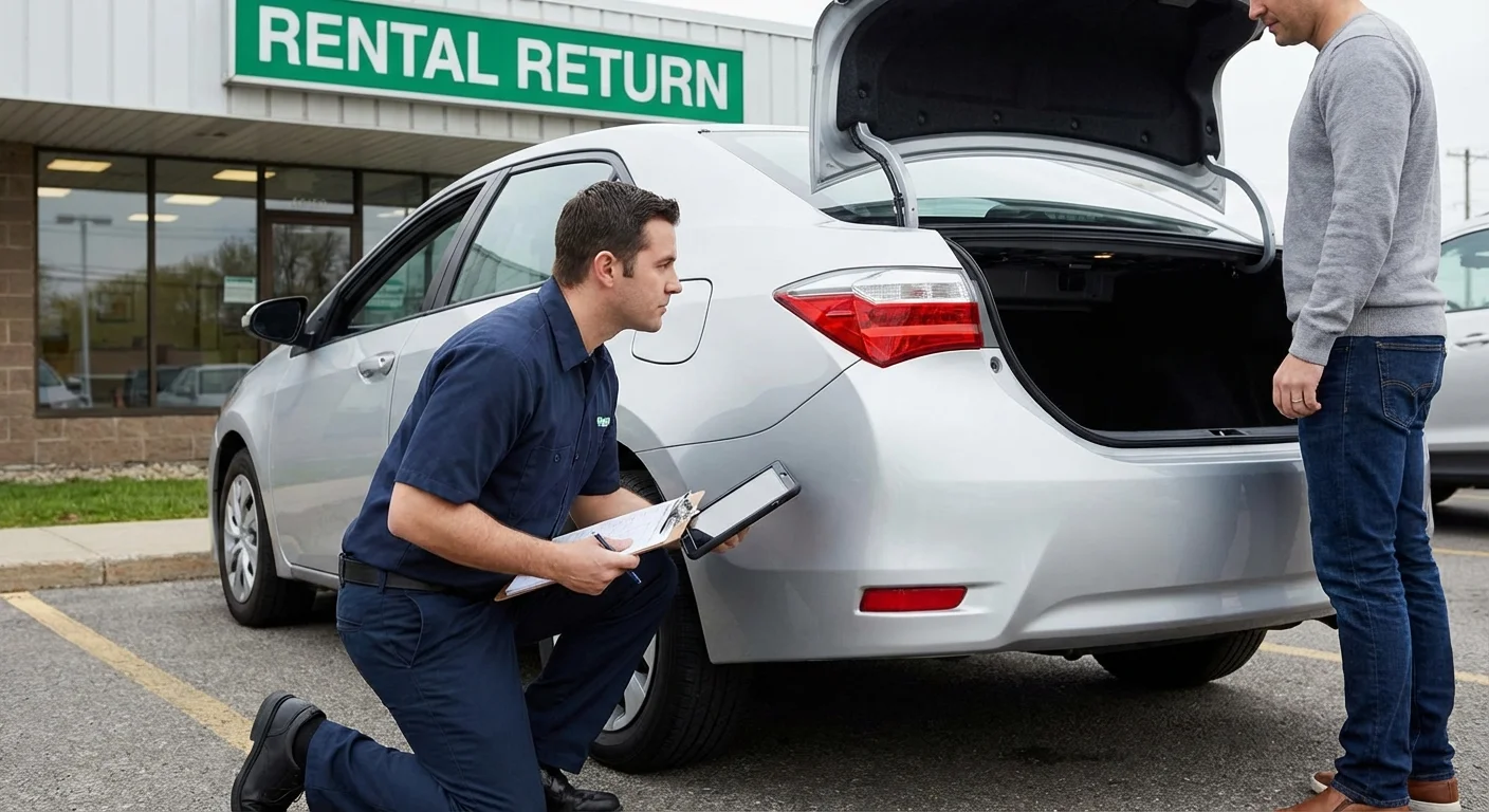 Customer inspecting rental car during return process