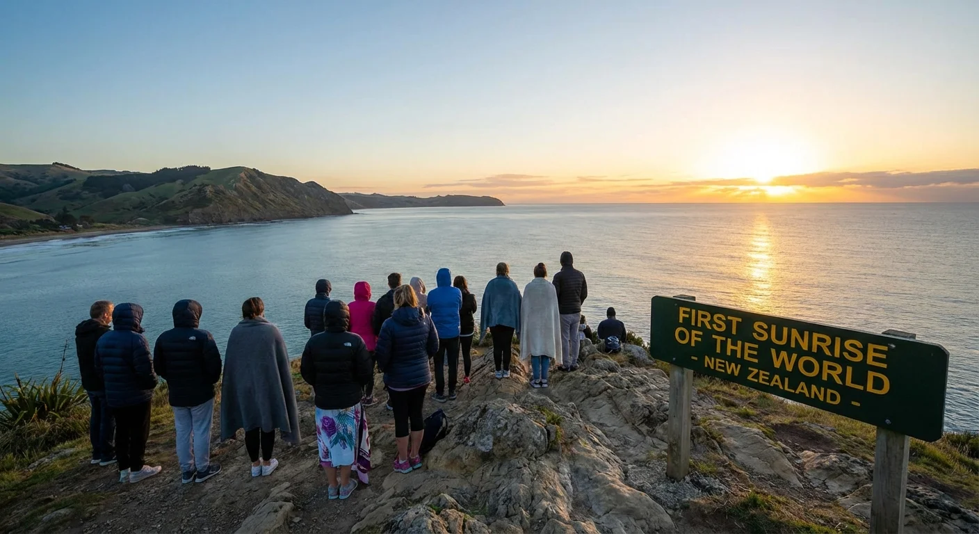 Group of people watching the sunrise on a beach at dawn in New Zealand