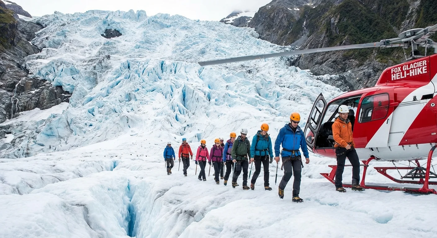 Helicopter over Fox Glacier with snow and mountain peaks