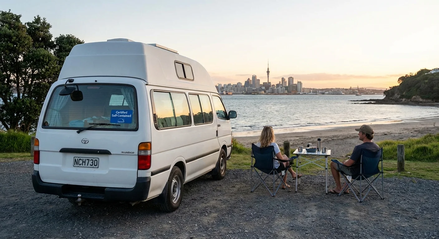 Self-contained campervan parked at a scenic freedom camping spot in New Zealand