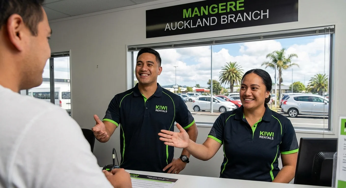 Friendly rental car staff assisting customer in Māngere, Auckland