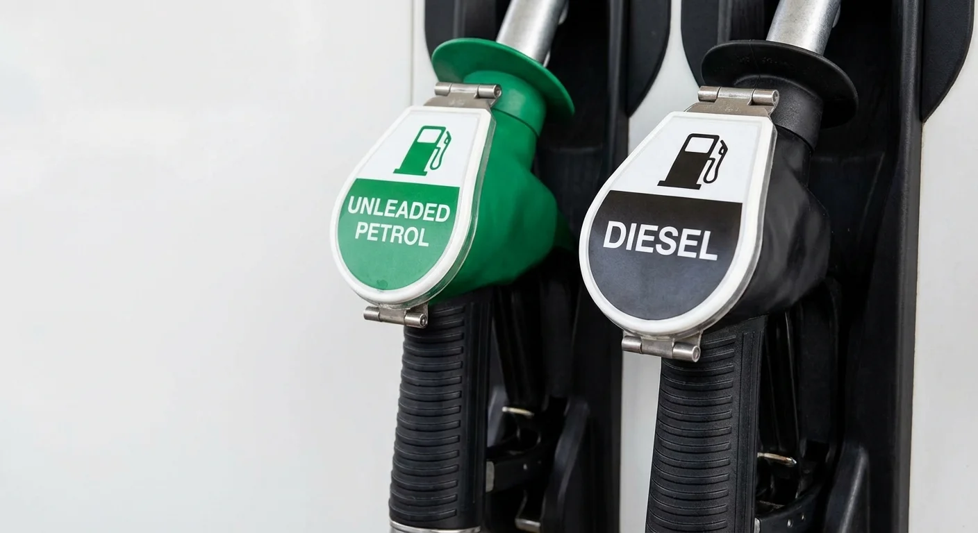 Close-up of petrol and diesel fuel pump labels at a New Zealand petrol station