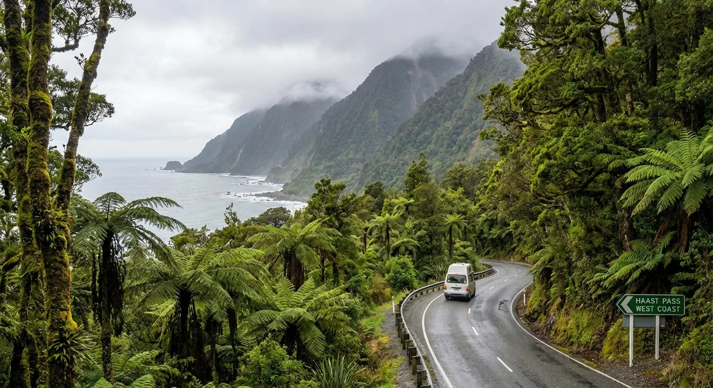 Car driving on winding road through Haast Pass with mountainous landscape