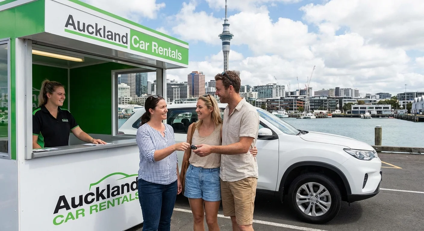 Happy couple picking up their rental car at Auckland rental desk