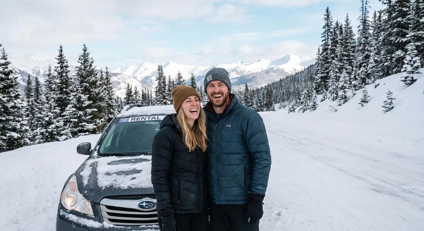 Happy couple preparing rental car for ski trip in snowy New Zealand landscape