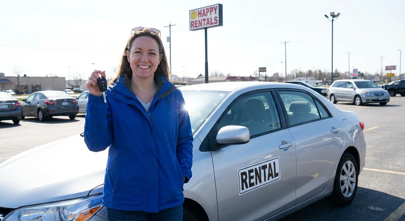 Happy customer with rental car at a New Zealand pickup location