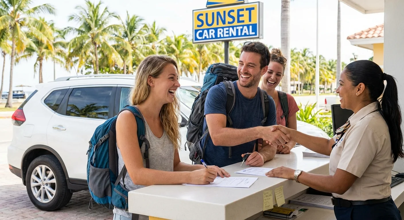 Happy travellers picking up a rental car in New Zealand