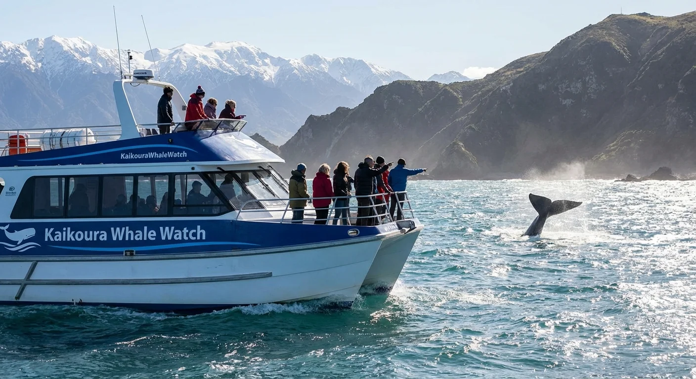 Whale watching boat near Kaikoura coast with passengers spotting whales