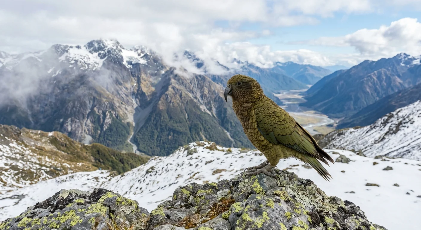 Curious Kea alpine parrot perched on a rocky ledge in the Southern Alps