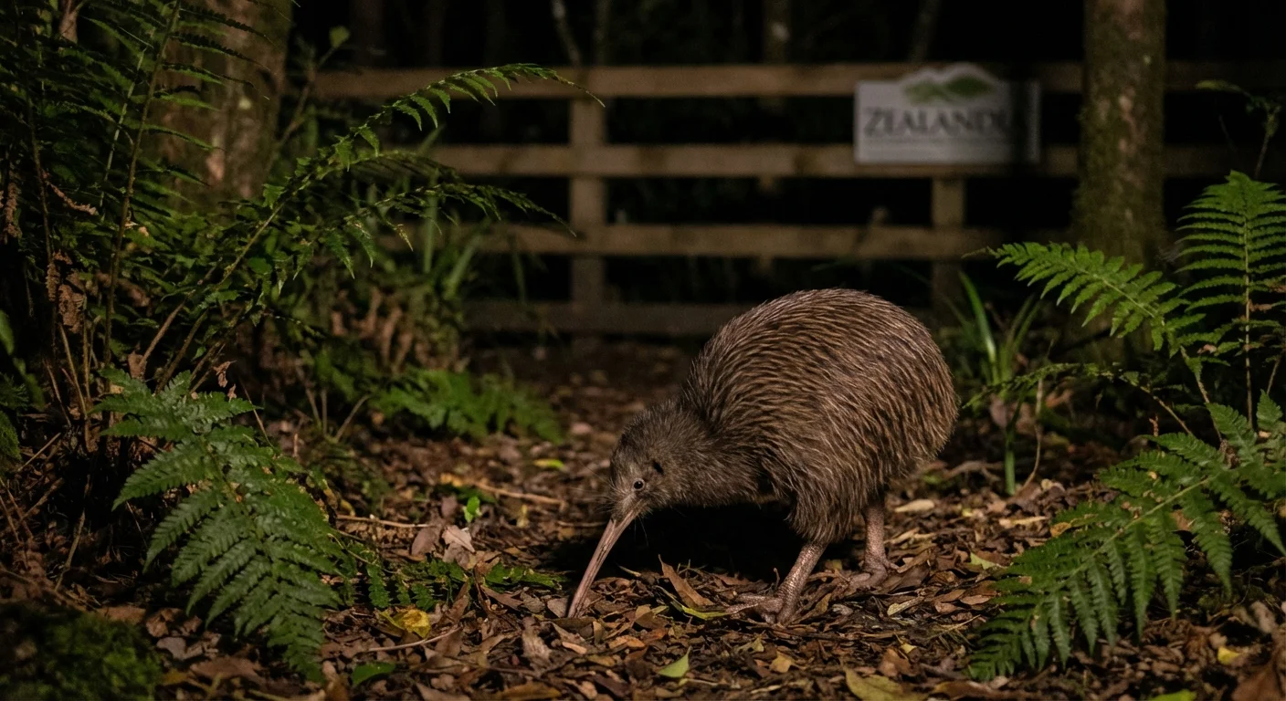 Close-up of a Kiwi bird walking on the forest floor at Zealandia sanctuary, Wellington