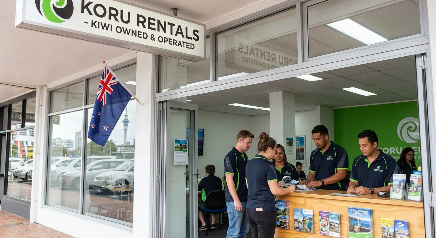 Friendly staff handing over rental car keys at a Kiwi-owned rental car company in Māngere Auckland