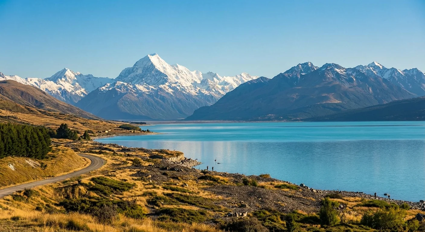 Lake Pukaki turquoise water with Aoraki Mount Cook in the background