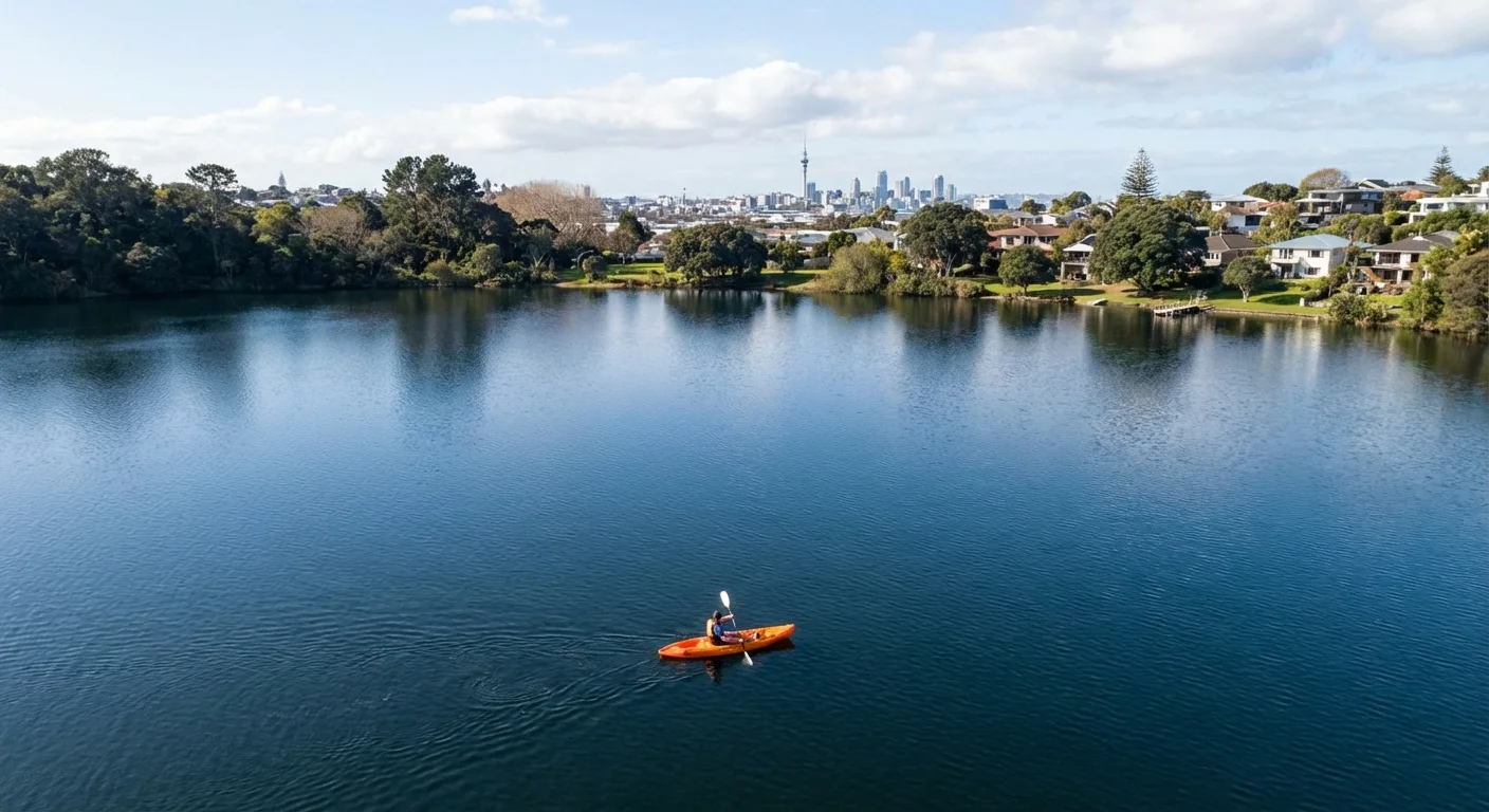 Kayaker paddling on calm waters of Lake Pupuke surrounded by greenery