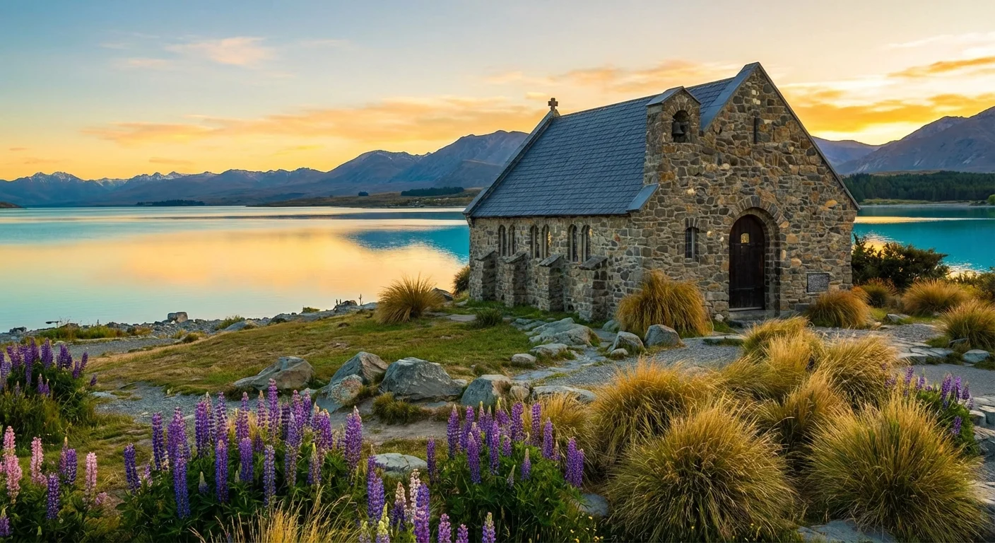 The Church of the Good Shepherd by Lake Tekapo with mountain backdrop