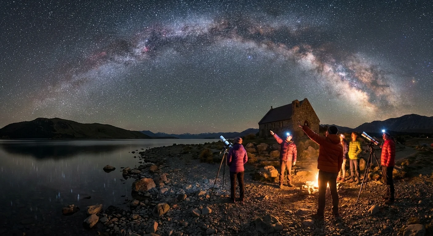 Night sky over Lake Tekapo with stars visible from Mount John Observatory