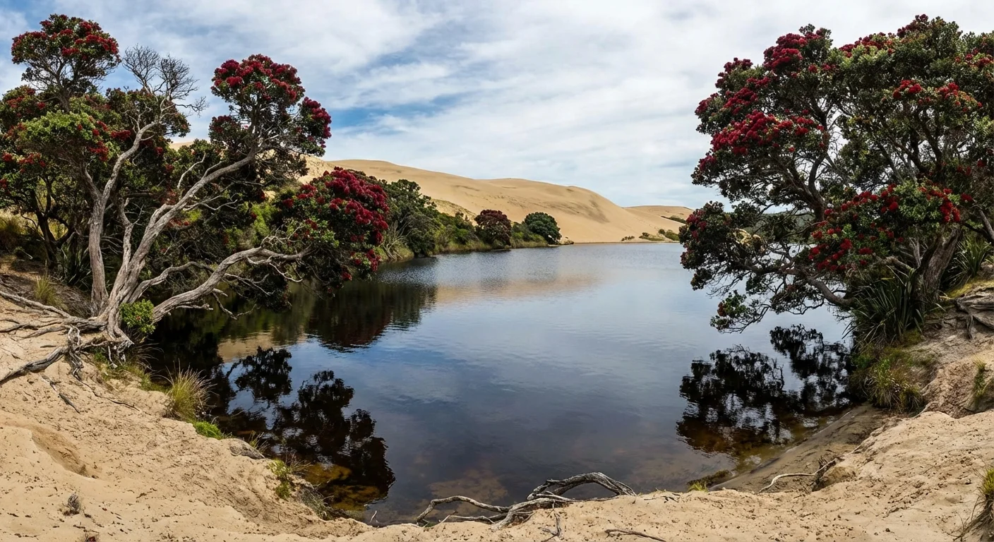 Pohutukawa trees blooming near Lake Wainamu shore