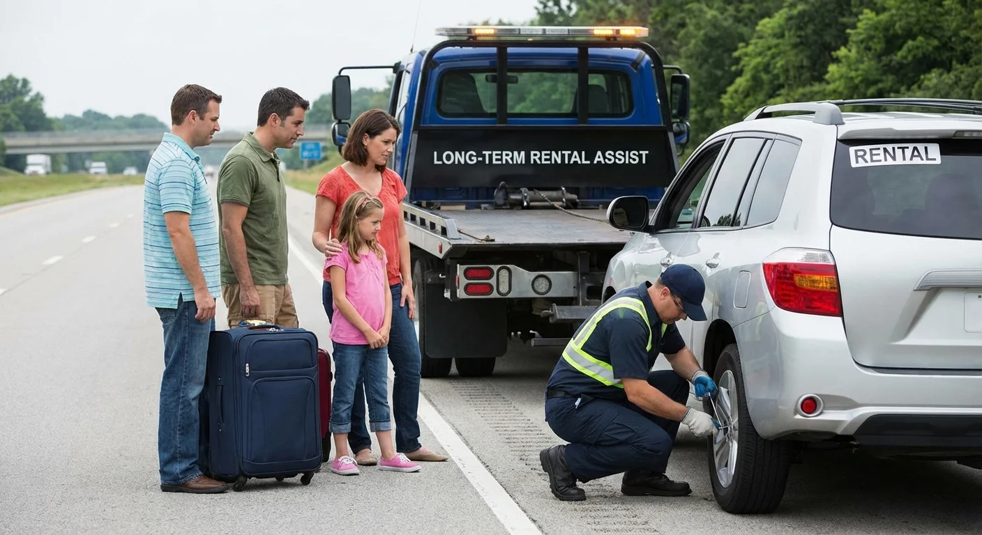 Roadside assistance van helping a long-term rental SUV on a New Zealand highway