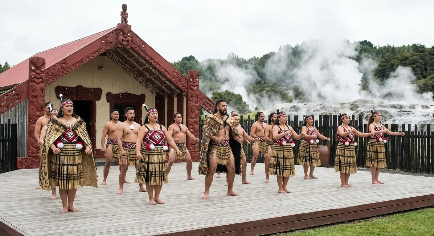 Māori performers in traditional dress during a cultural ceremony in Rotorua
