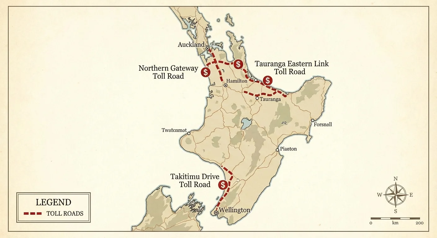 Map of North Island New Zealand highlighting major toll roads and alternative routes