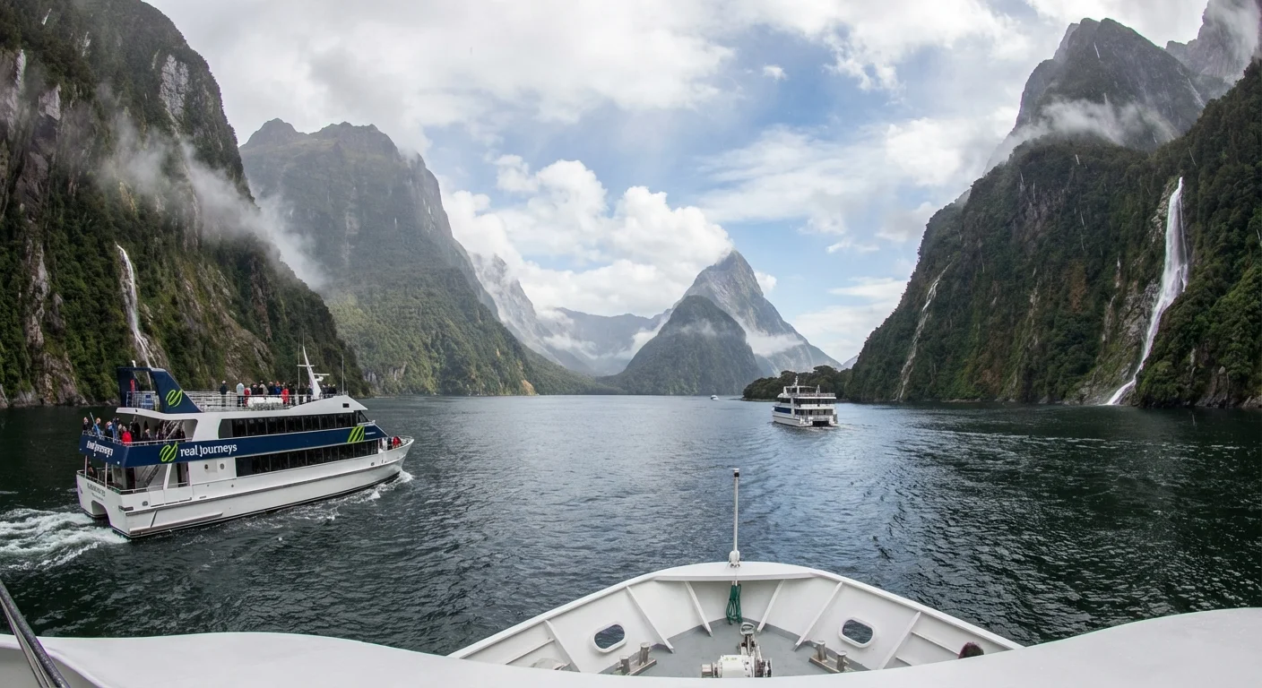 Scenic Milford Sound fjord with cruise boat and waterfalls