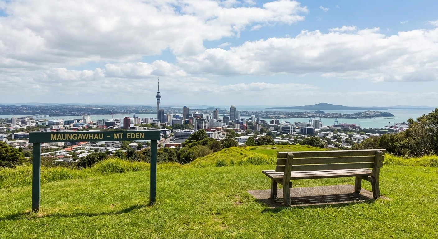 View from Mount Eden overlooking Auckland city and harbour at sunset