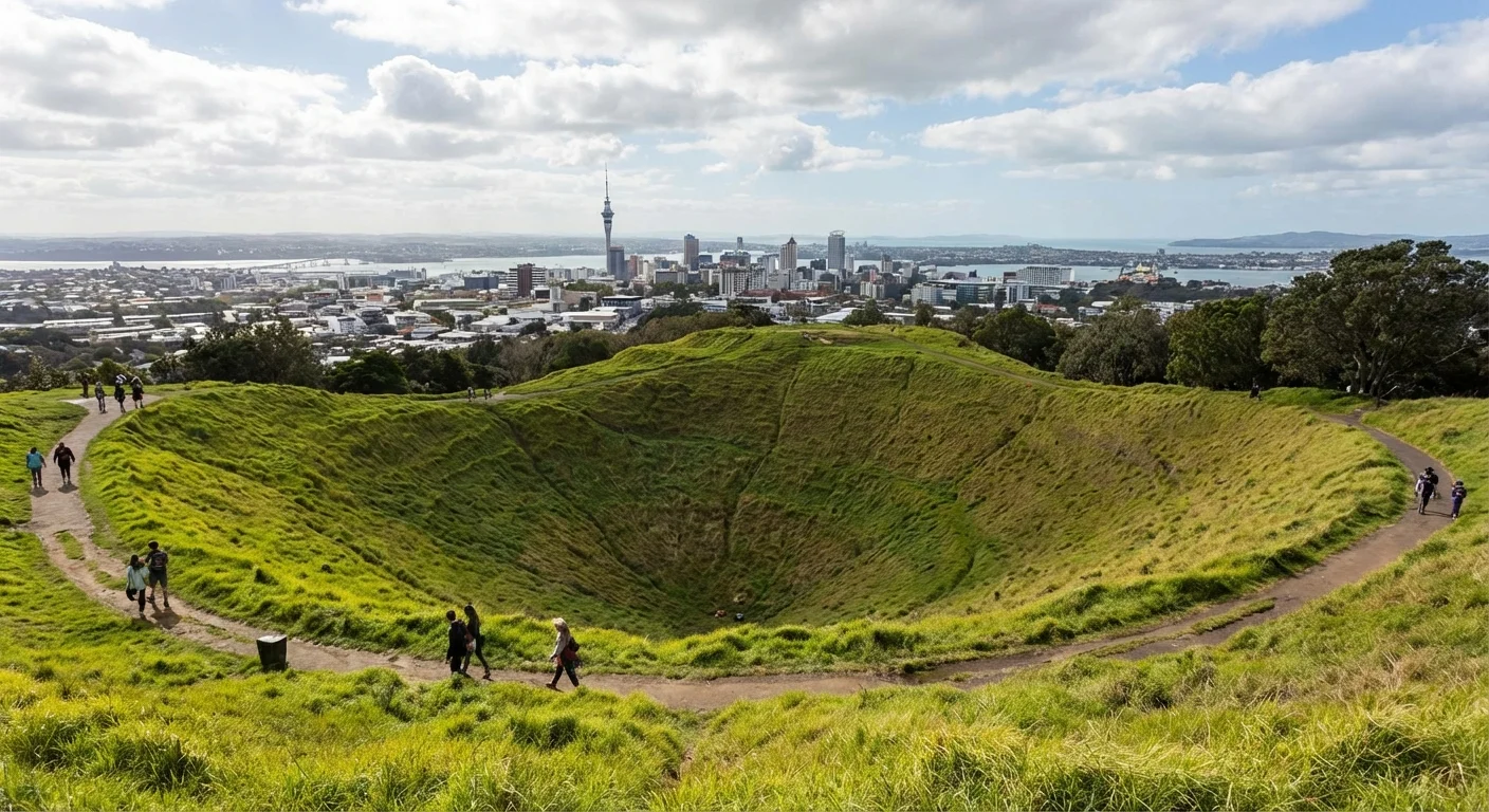 View from Mount Eden volcanic crater overlooking Auckland city