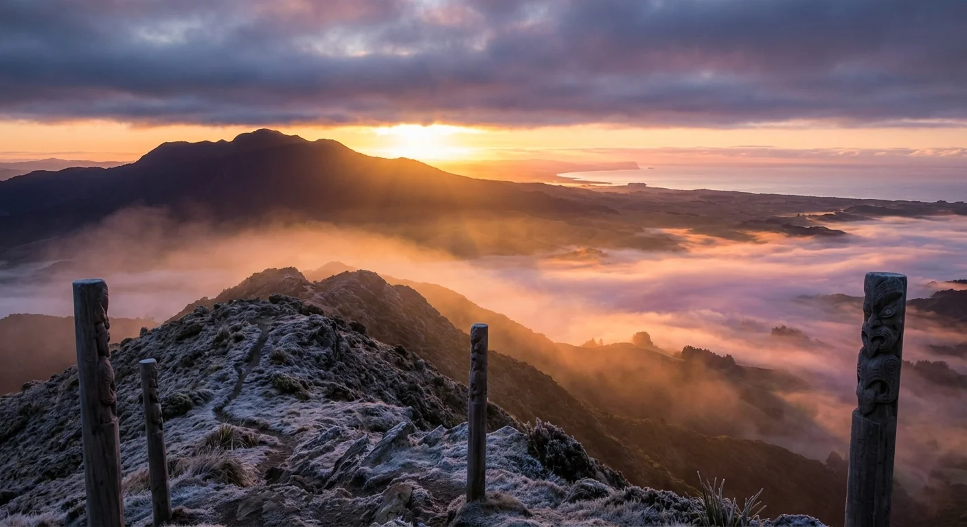 Sunrise lighting up the summit of Mount Hikurangi with vibrant sky and rugged mountain terrain