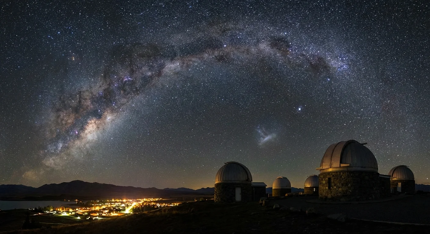 Mount John Observatory under star-filled night sky with Milky Way over Lake Tekapo