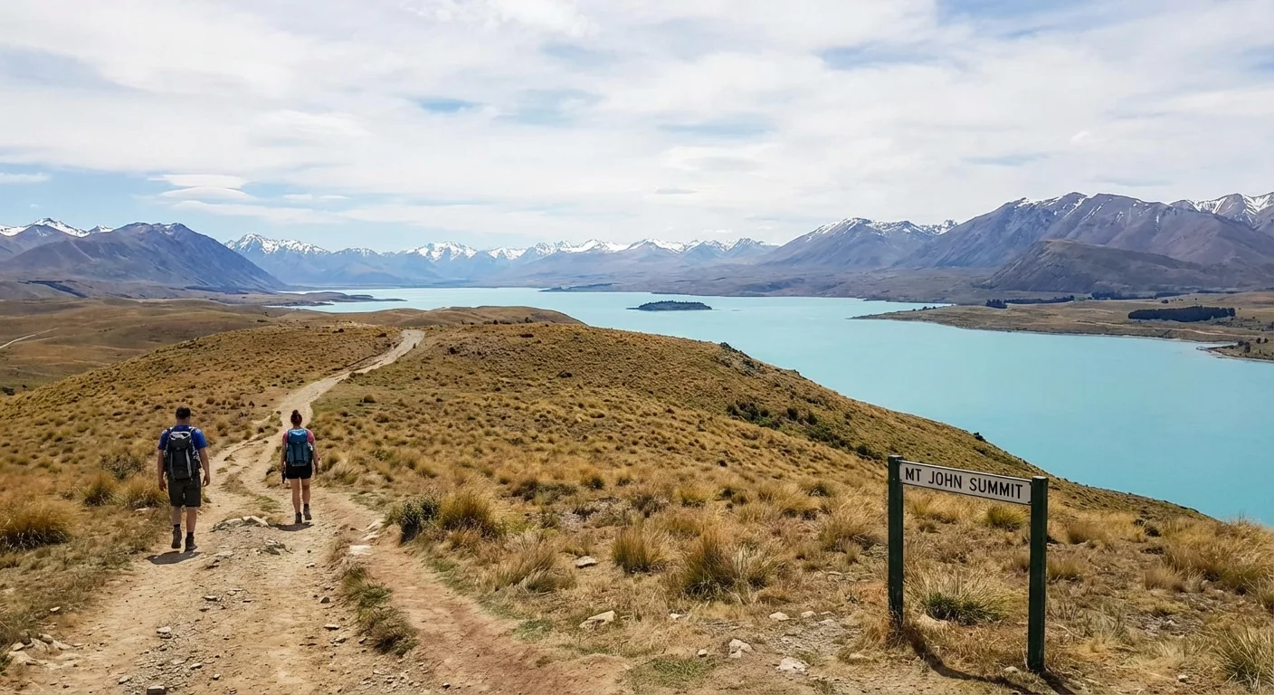 Hikers on Mount John Summit with panoramic views of Lake Tekapo and Southern Alps