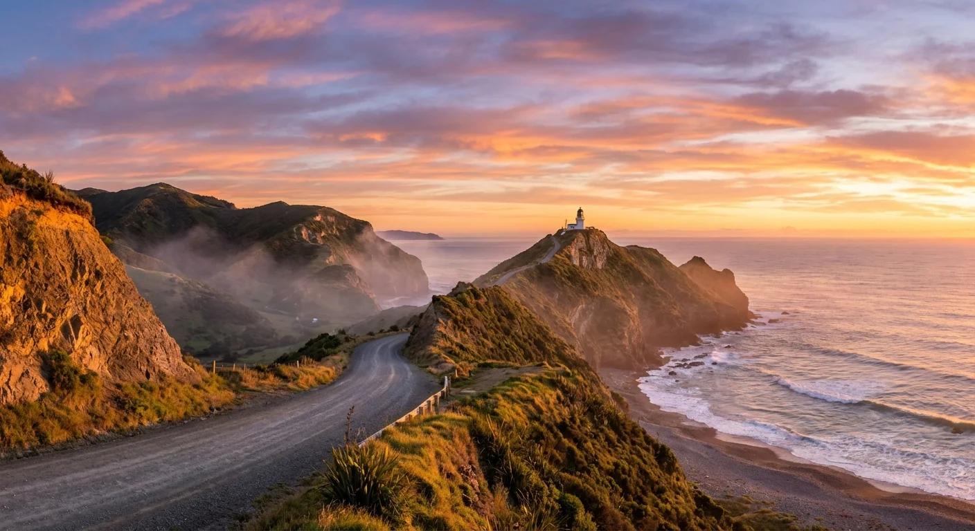 Sunrise over the rugged coastline of New Zealand's East Cape, with warm golden light illuminating the sea and cliffs