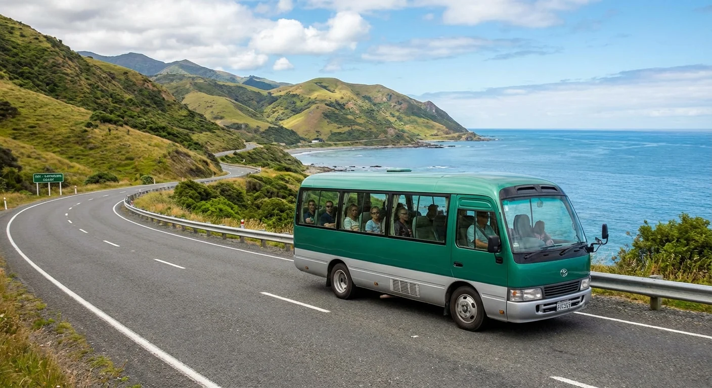 People mover driving on New Zealand highway with scenic hills