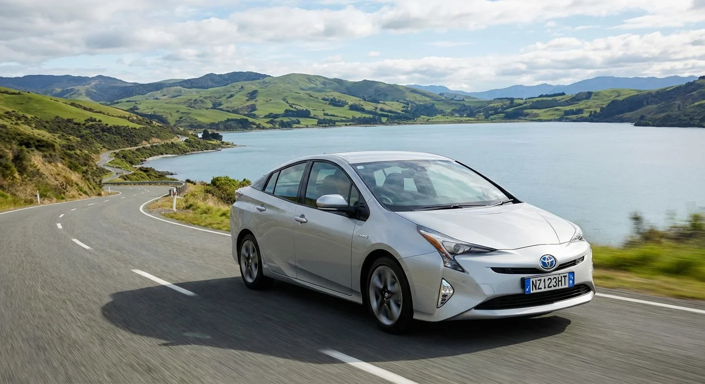 Driver using a hybrid car on a scenic New Zealand road