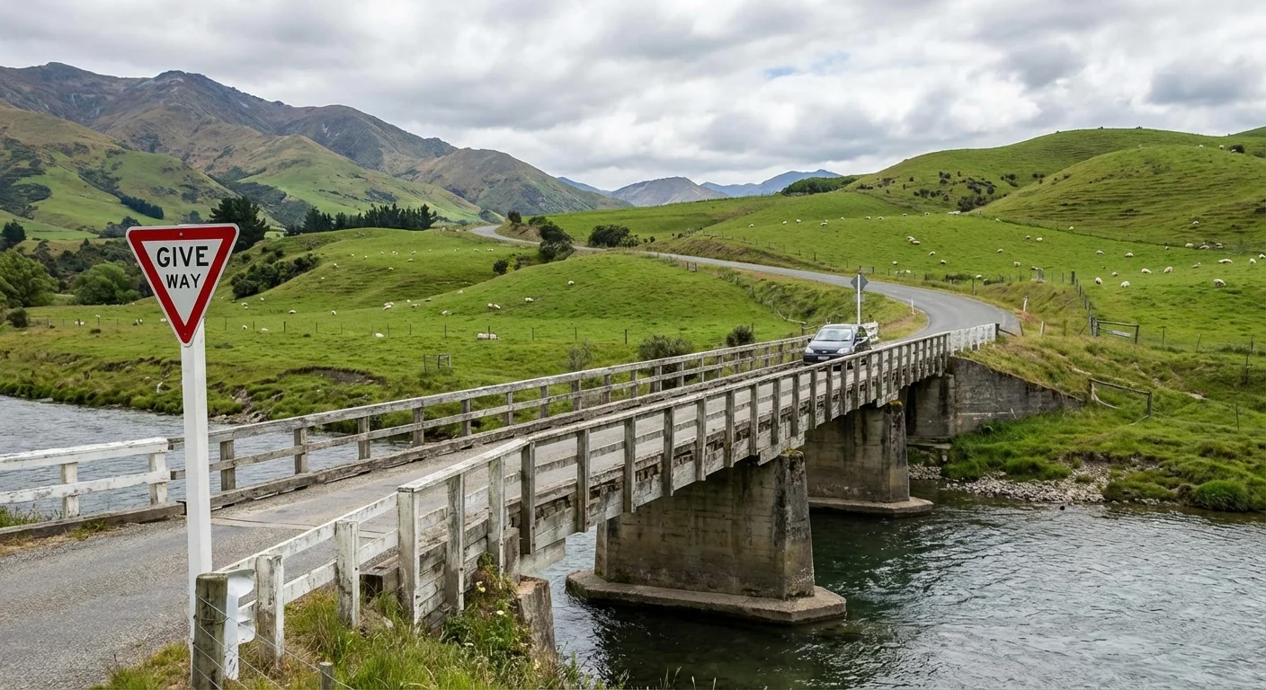Narrow rural New Zealand road with one-lane bridge and road signs