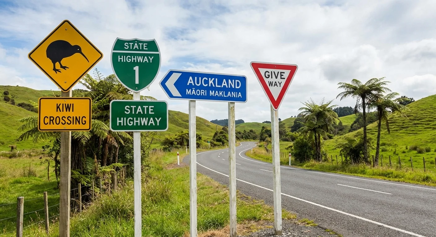 New Zealand road signs including speed limit and left-side driving reminder