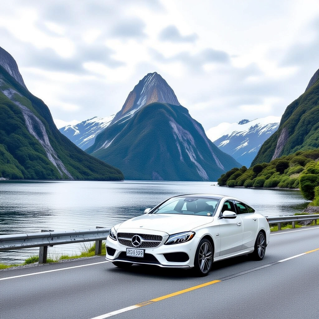 Small rental car driving on a scenic rural Auckland road with hills and greenery