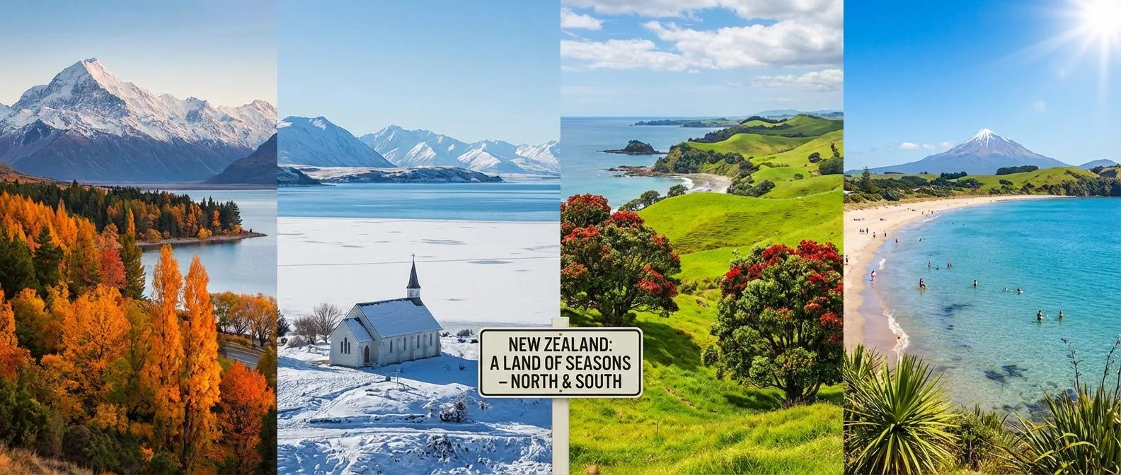 Panoramic view of New Zealand’s diverse seasonal landscapes with mountains, lakes, and forests