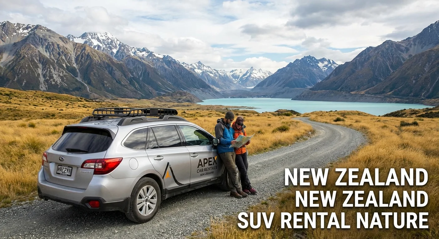 SUV rental car parked in New Zealand nature setting