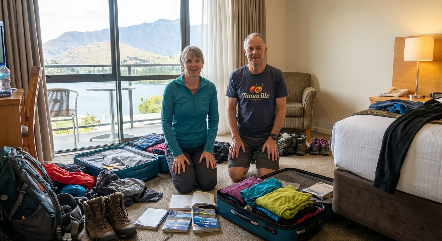 Tourists packing backpacks and gear for New Zealand tour