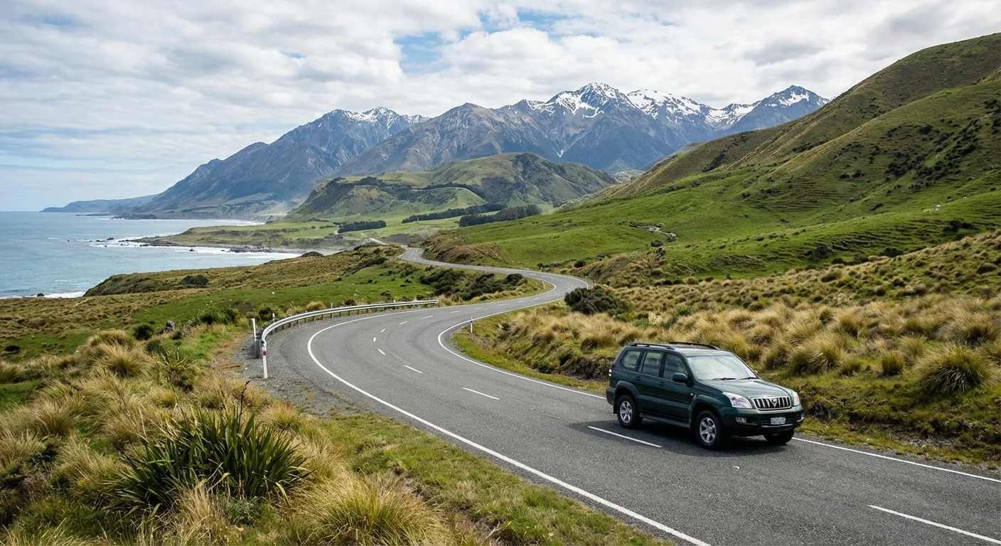 SUV driving on a scenic New Zealand country road with mountains in the background