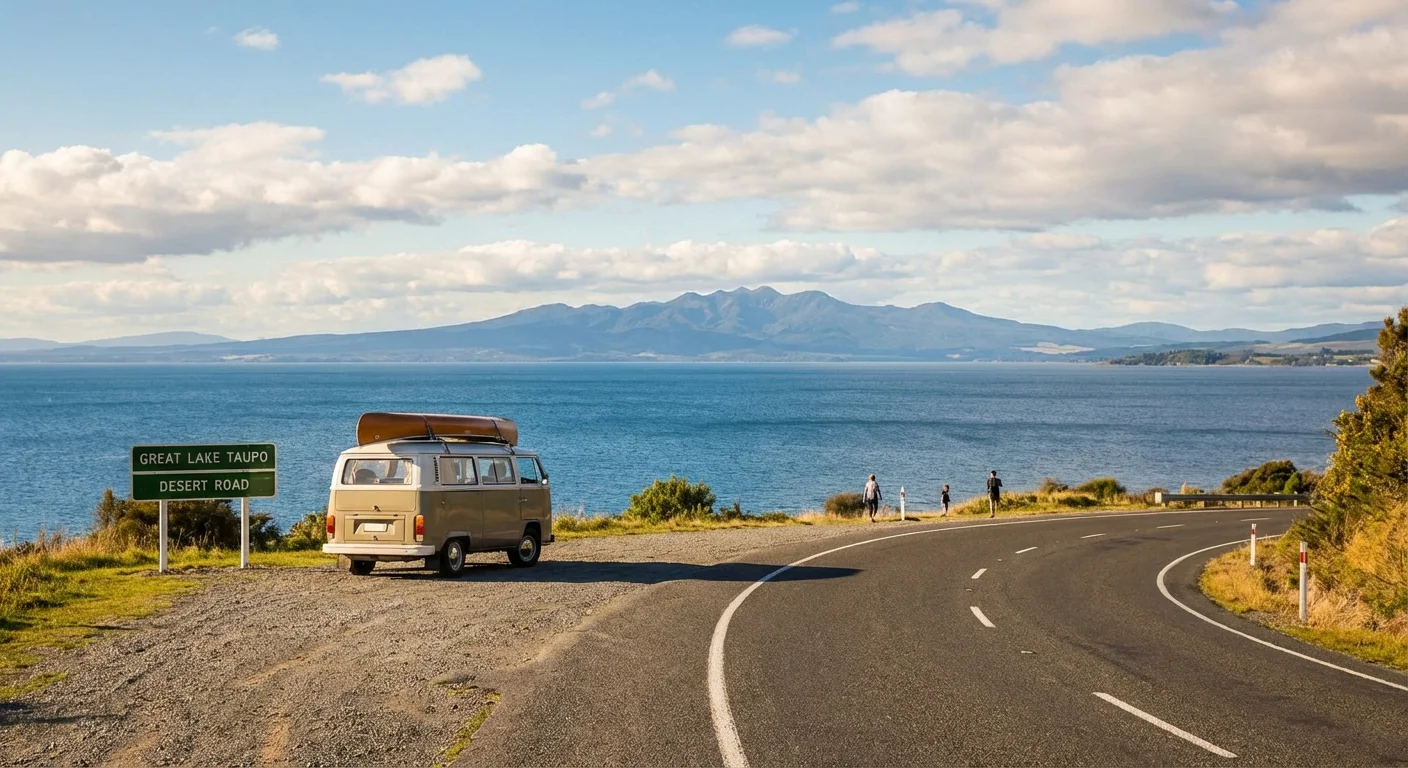 View over Lake Taupō with clear water and surrounding hills
