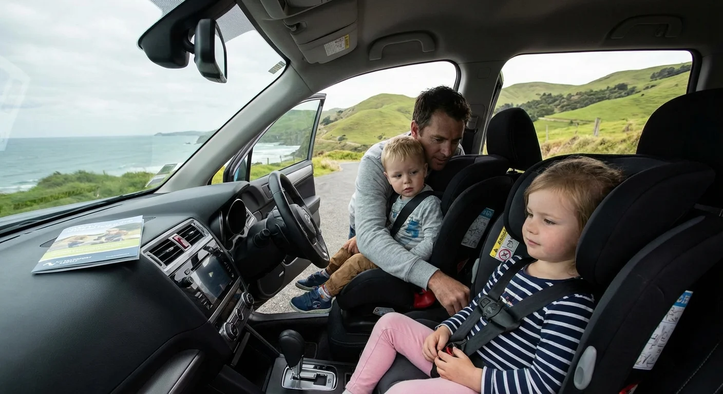Child properly secured in a car seat inside a rental car in New Zealand
