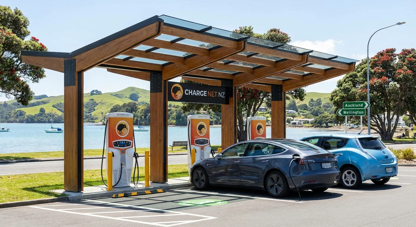 Electric vehicle plugged into a ChargeNet charging station in a New Zealand city