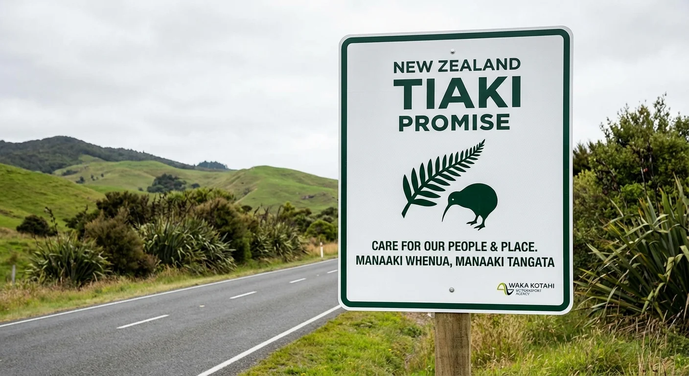 New Zealand road sign reminding drivers about the Tiaki Promise and safe driving
