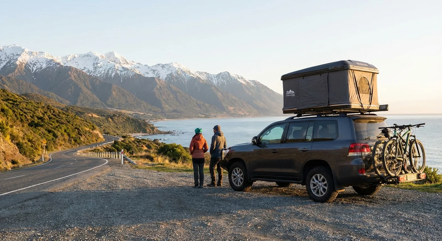 SUV driving on a scenic New Zealand road with mountains in the background