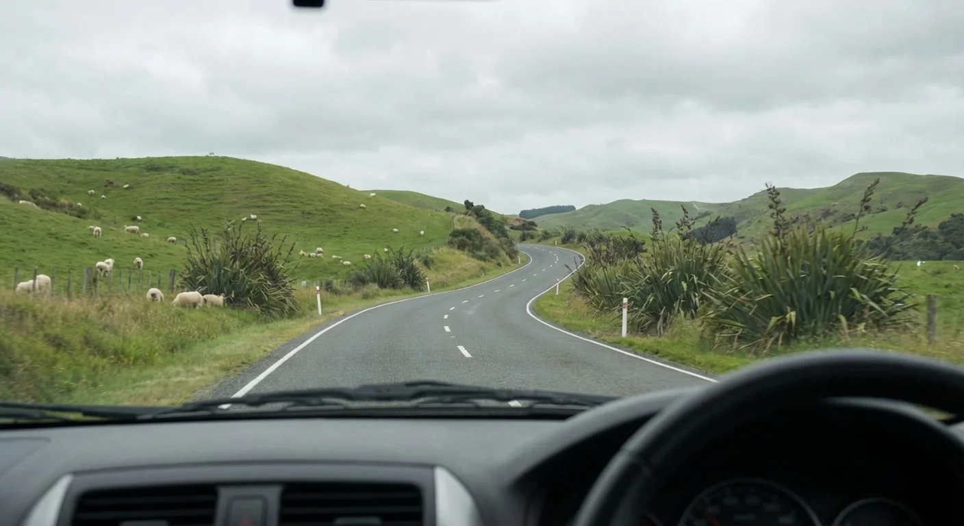 A rental car driving on a scenic New Zealand highway surrounded by lush greenery and hills
