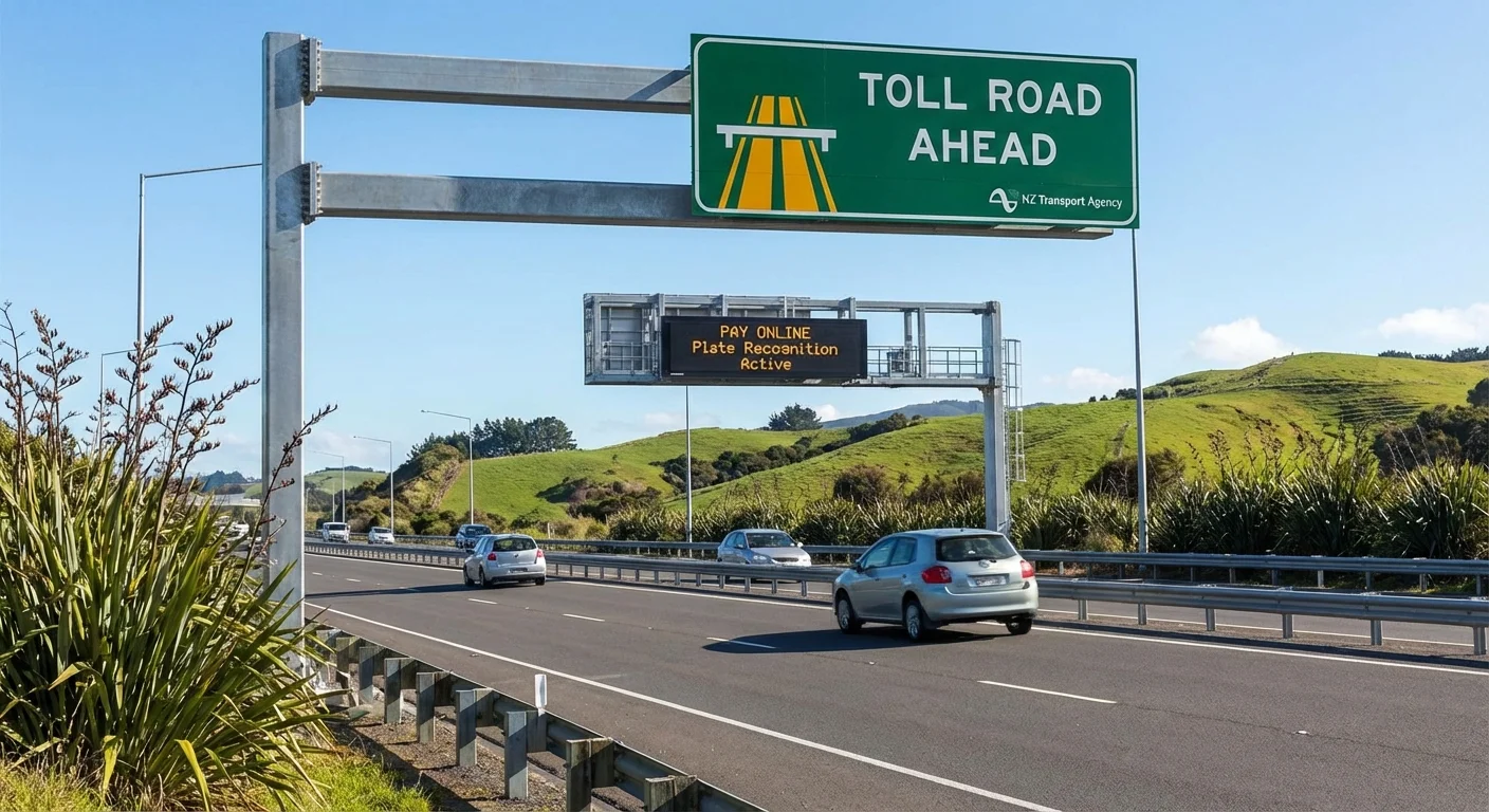 Electronic toll gate on a New Zealand highway with a vehicle passing under