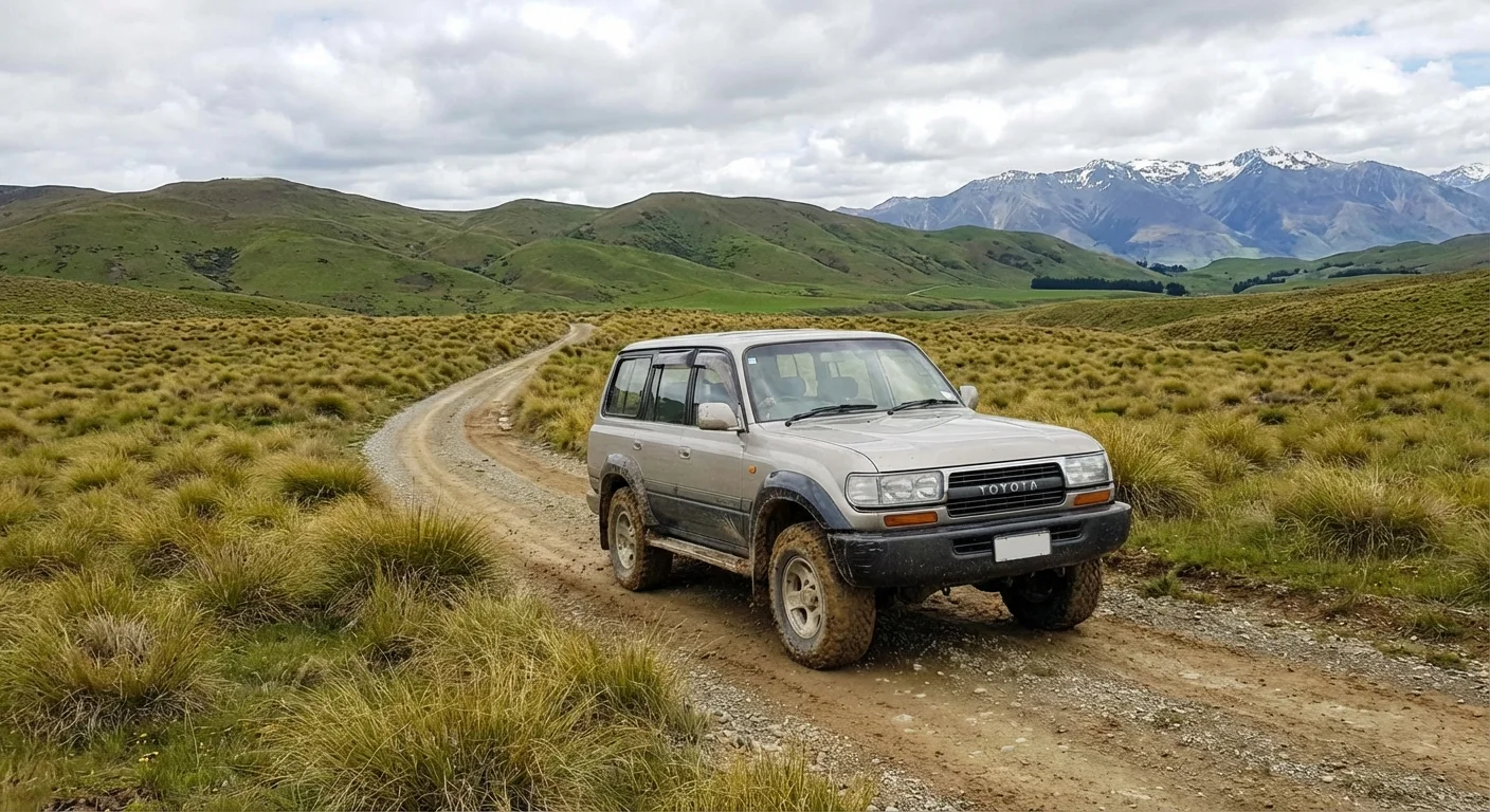 4WD SUV navigating a gravel road in New Zealand wilderness