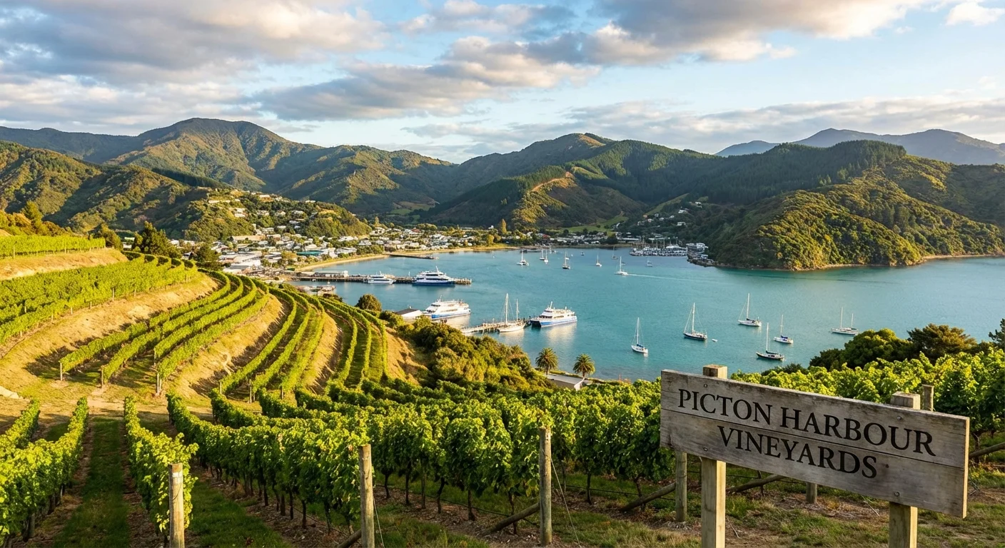 View of Marlborough vineyards from Picton harbour near ferry terminal