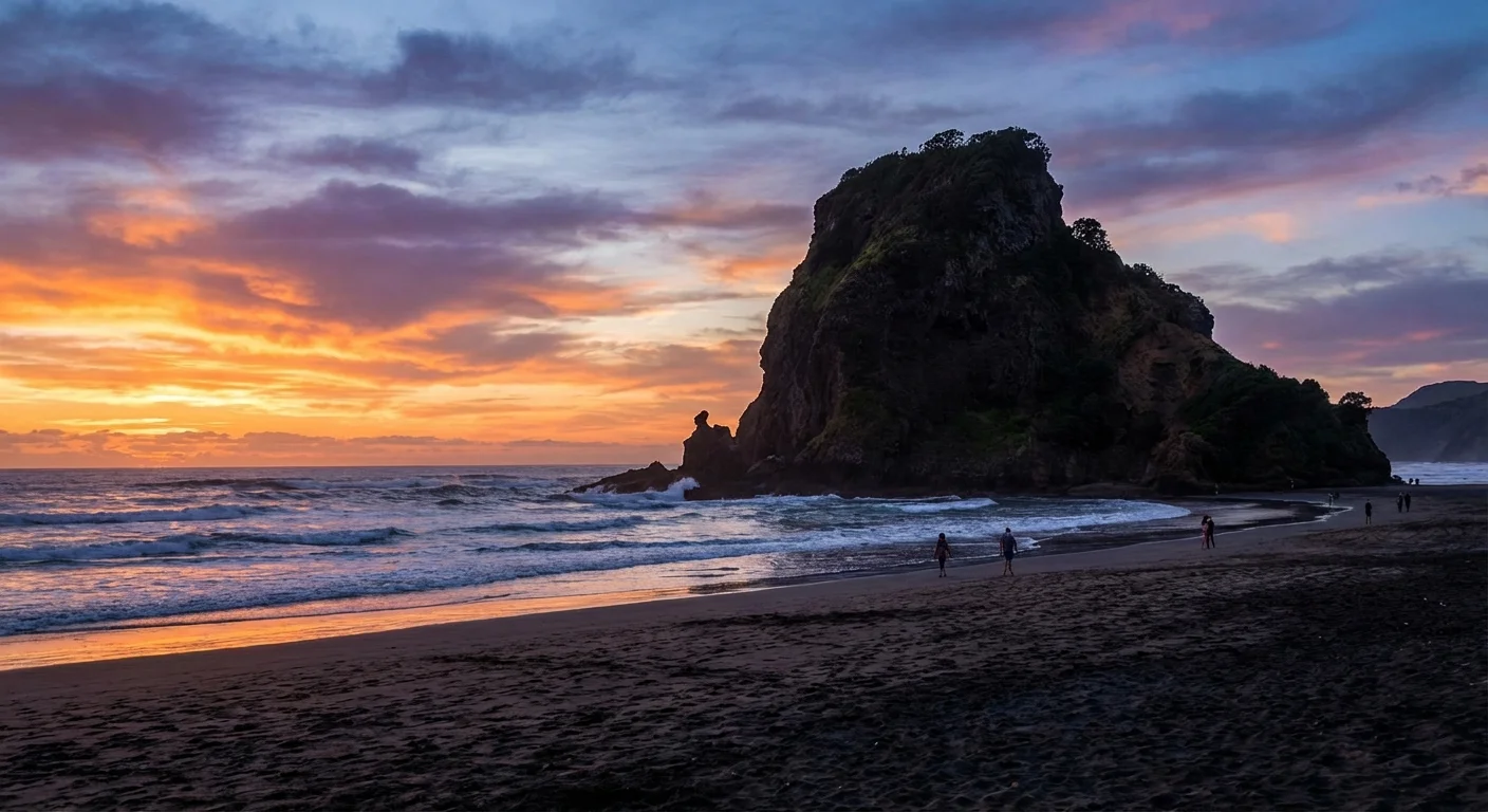 View of Piha Beach with Lion Rock and black sand during golden hour