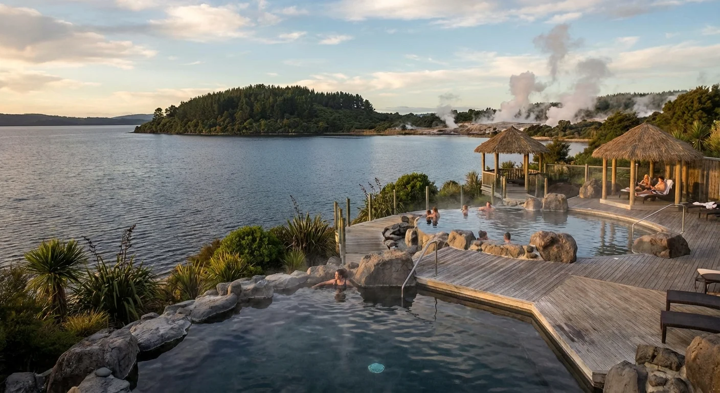 Polynesian Spa pools overlooking calm Lake Rotorua with steam rising in the morning light